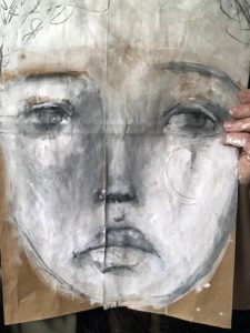 Face #5; Charcoal and Acrylic Paint on Large Paper Bag One Hundred Faces Art Challenge Charcoal and Gesso Mask Painting on Brown Bag